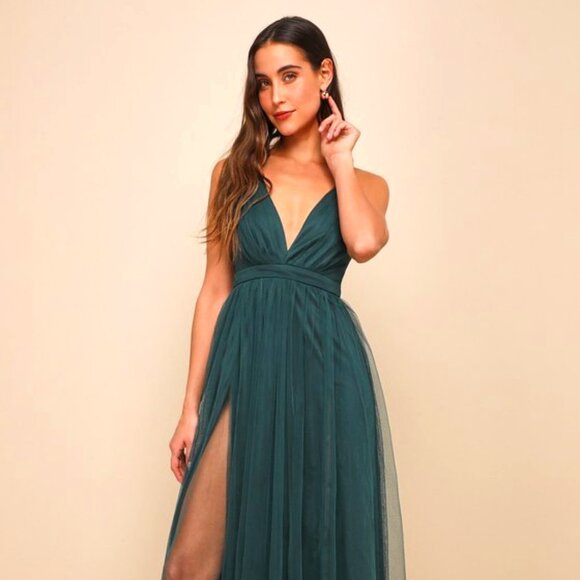 Lulus Rare Beauty Hunter Green Tulle Backless Maxi Dress - Size L NEVER WORN - Picture 1 of 1